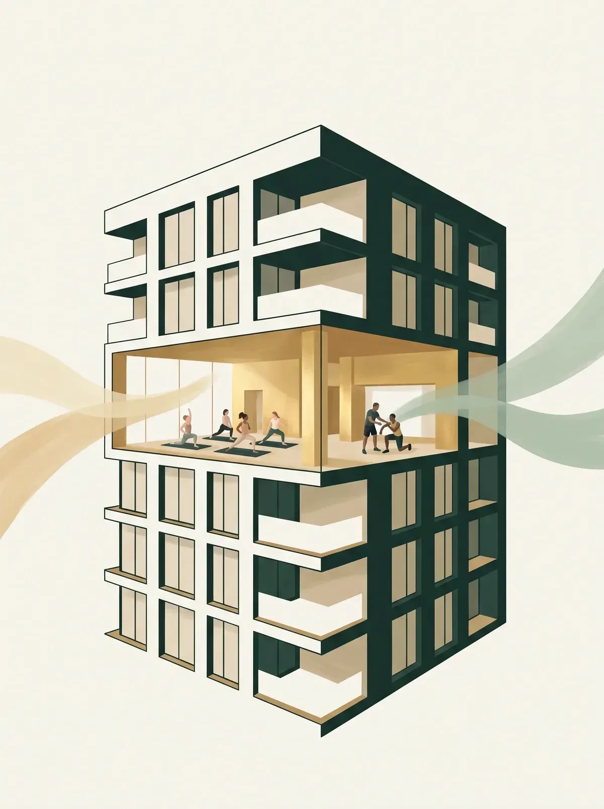 Cutaway view of a luxury residential building with its amenity studio lit