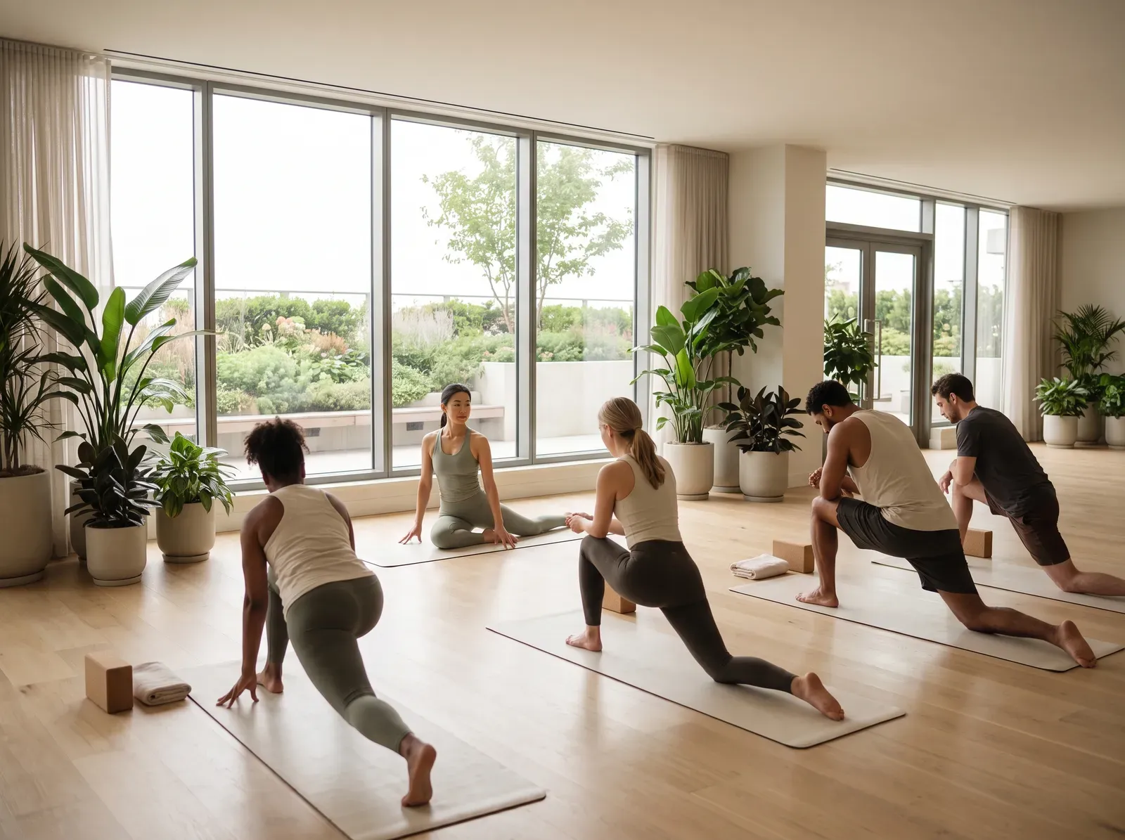 A group fitness class in a bright residential amenity studio
